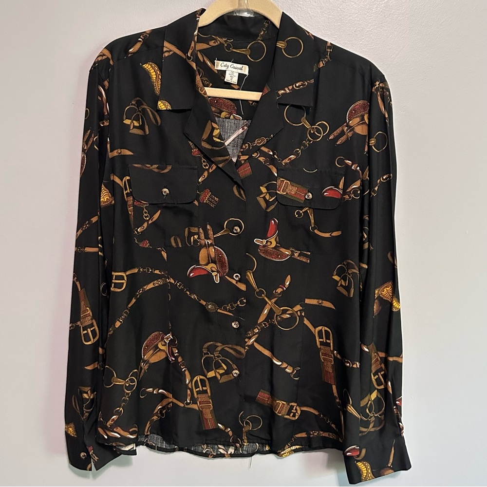 City Casual Silk Blouse Women’s Size M Black Equestrian Print Button Front Top